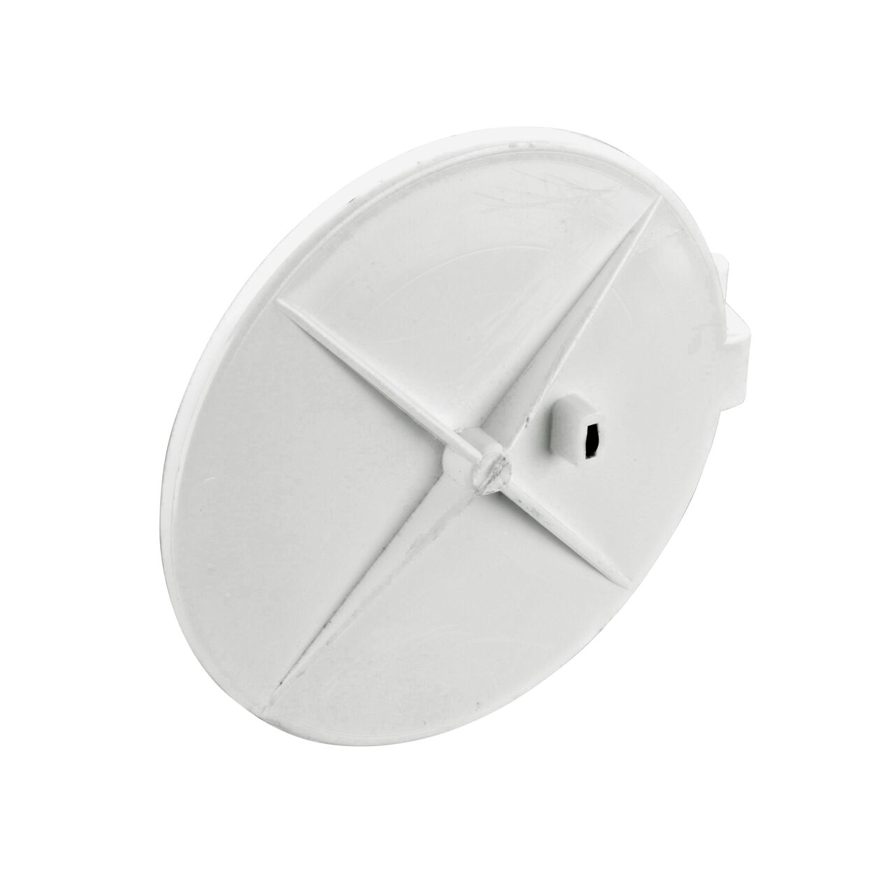 Outside view of the NDS 6 in. White Backwater Valve Flapper (NDS 1530603) shows the quick action flapper allows unrestricted uni-directional flow