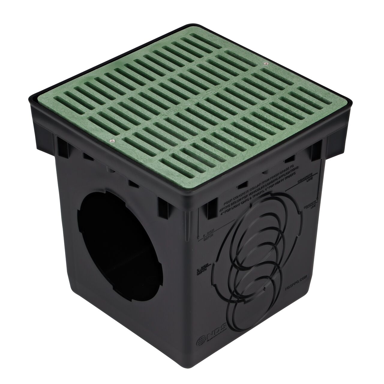 NDS 12 in. Square Catch Basin Drain Grate, Green Plastic (NDS 1212) installed on a NDS 12 in. Catch Basin Drain (NDS 1200)