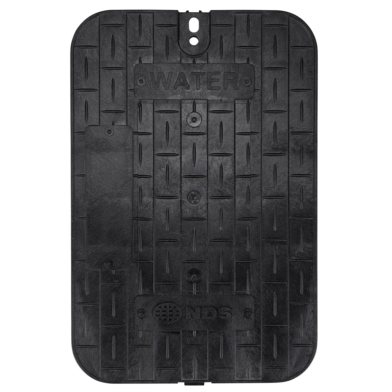 Top down view of the top side of the Black Water cover for the NDS 14 in. X 19 in. Rectangular Standard Series Valve Box (NDS 113BCDW) showing the Black Water markings