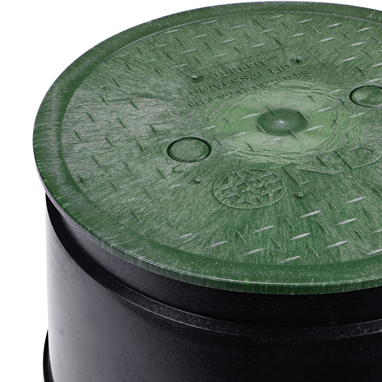 Closeup of the 10 in. Round SureFit Universal Valve Box Lid (NDS 10RND-UC) installed on a black Rainbird valve box