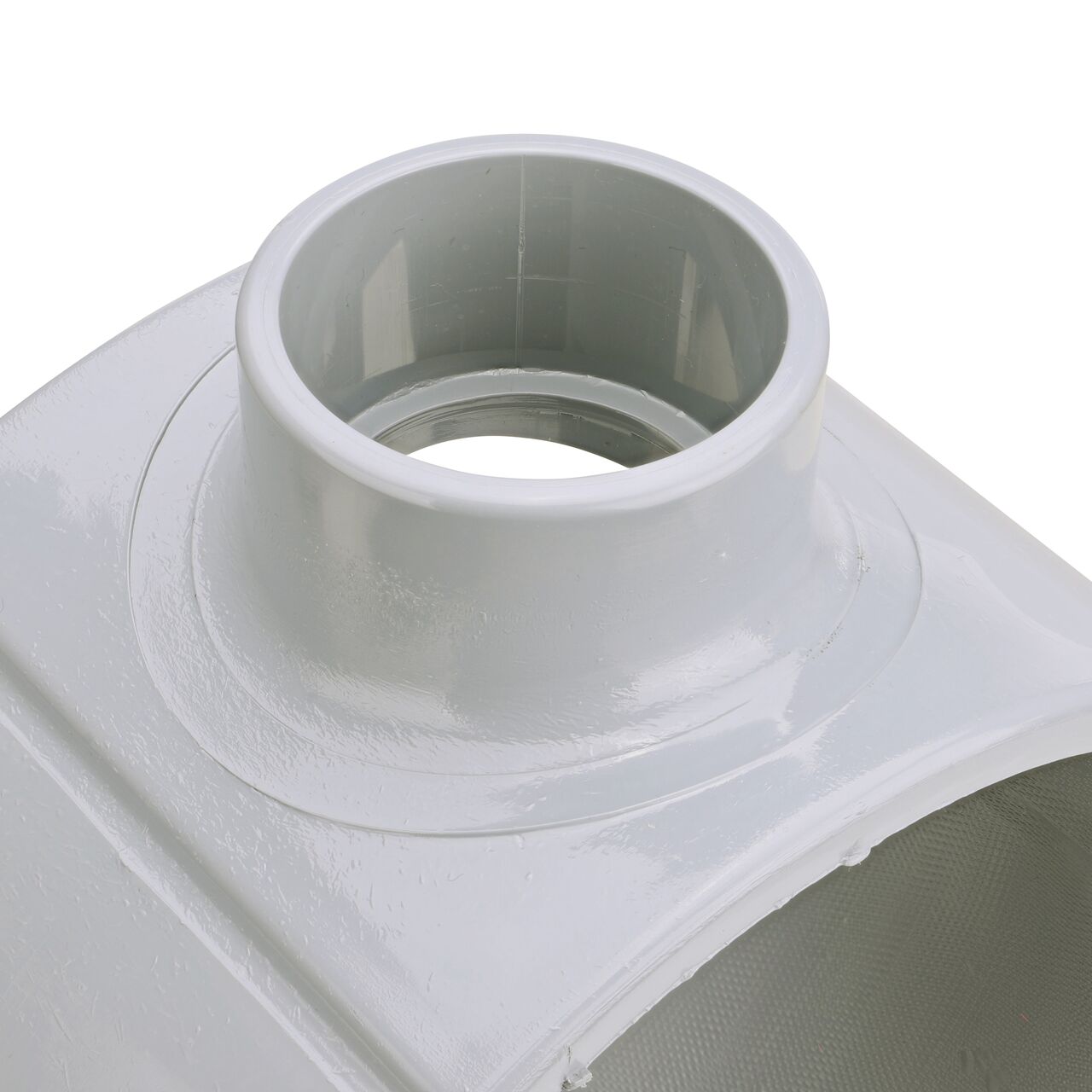 Closeup of the 2 in. slip connection on the NDS Clamp-It™ Rigid PVC Saddle (NDS 458020) for 8 in. PVC pipe