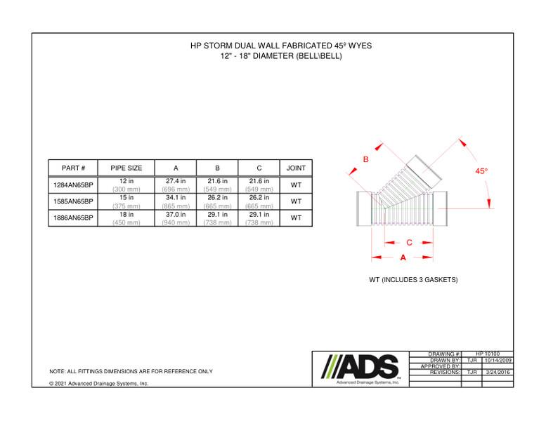 12" - 18" 45º Wyes - Bell/Bell (HP Storm Wyes Fittings Manual)