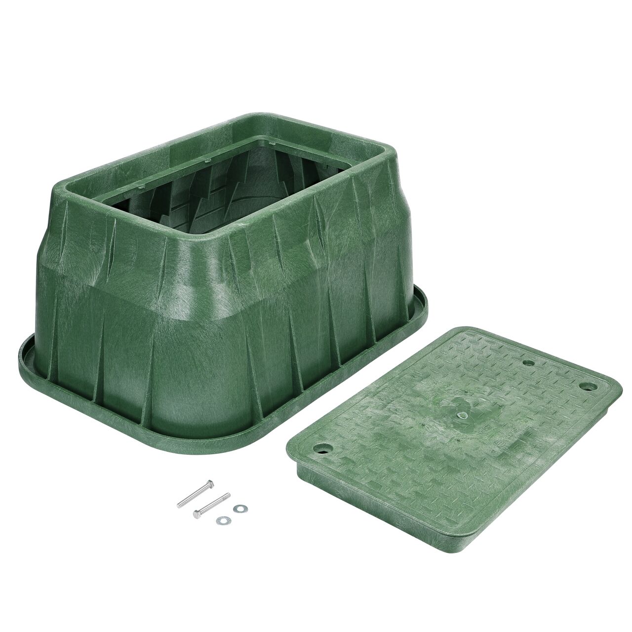 Unassembled View of the NDS 13 in. X 24 in. Green Rectangular Pro-Spec® Series valve box bolt, and Green Irrigation Control Valve overlapping cover (NDS 322BCB)