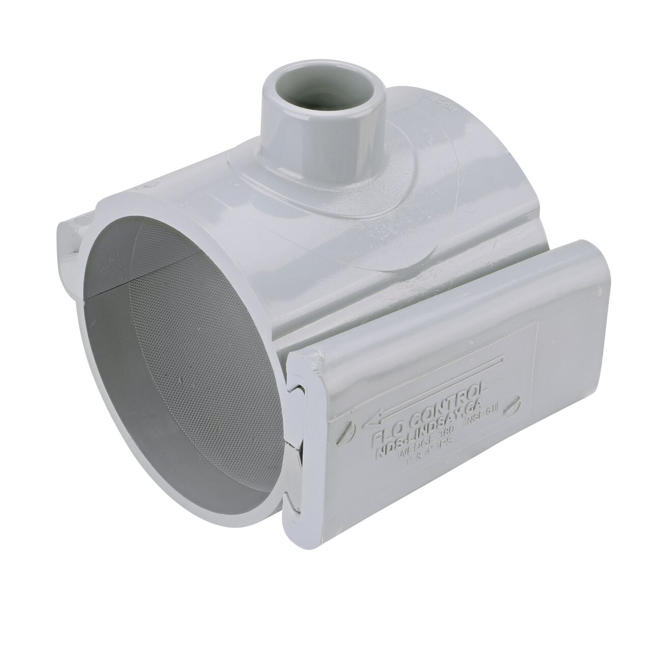 The NDS Clamp-It™ Rigid PVC Saddle with 1 in. slip connection on top (NDS 454010) for 4 in. PVC pipe has a patented wedge design to install a sprinkler irrigation system to existing pipe without any bolts