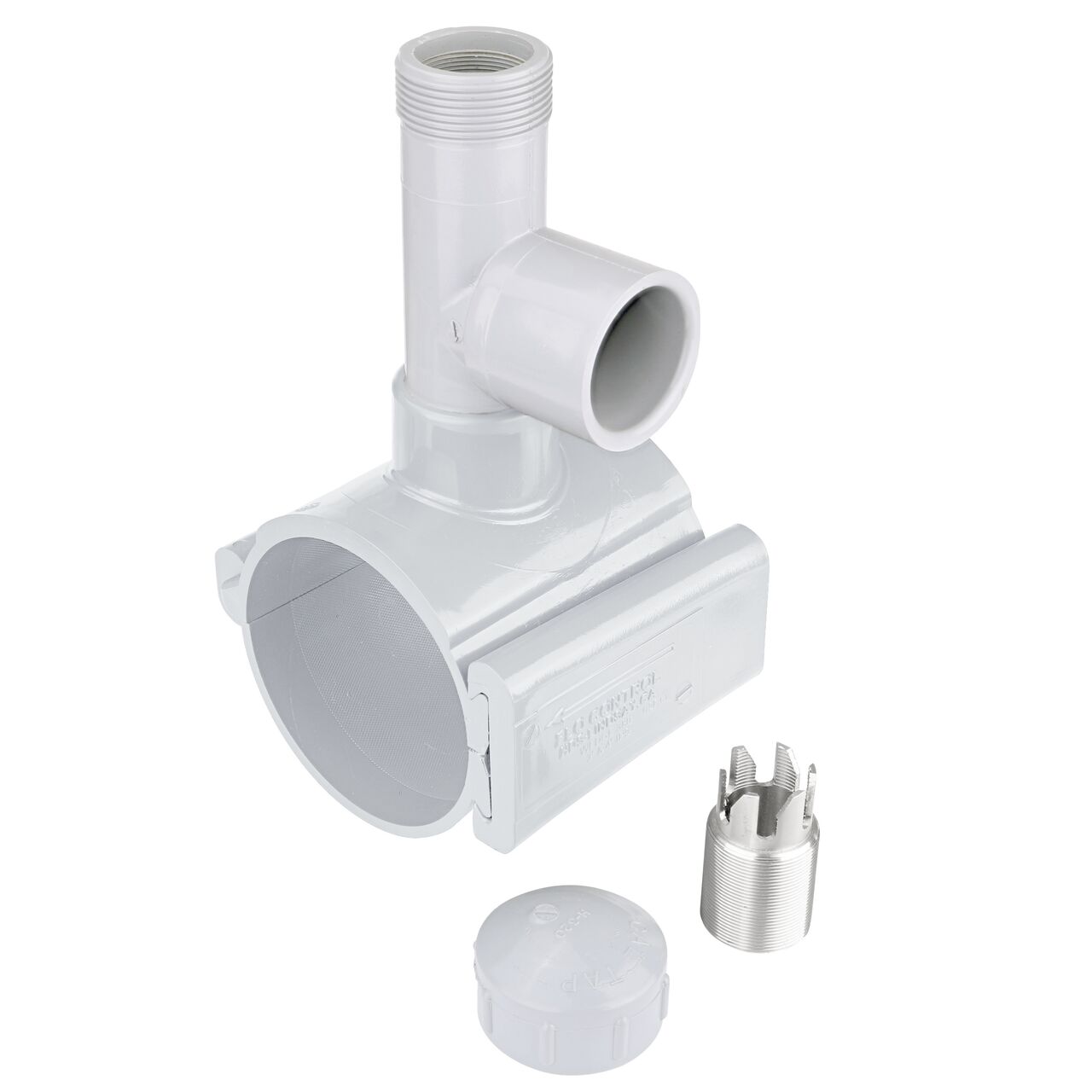 Unassembled view of the 4 in. NDS Flo-Tap™ Rigid PVC saddle with 1-1/2 in. socket or 2 in. spigot connection on top (NDS 3240) includes a patented wedge to secure on PVC pipe and built-in saw tooth cutter with cap at the top