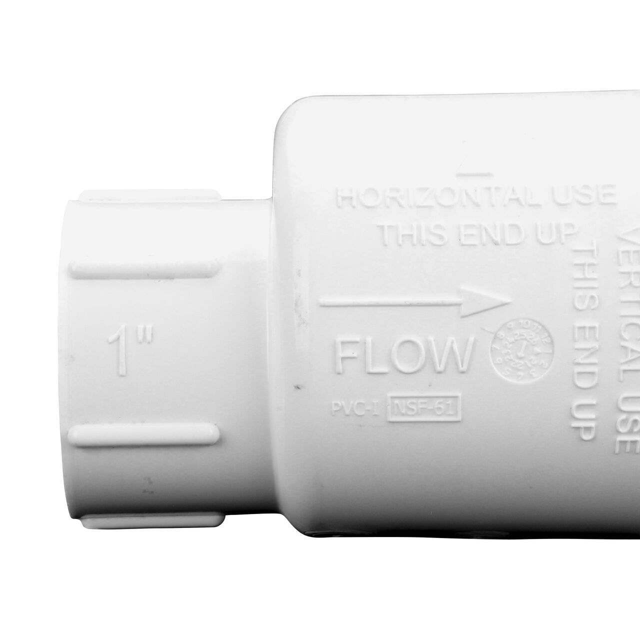 Closeup of the arrow showing water flow on the NDS White 1 in. slip end by slip end PVC Swing Check Valve (NDS 1520-10)