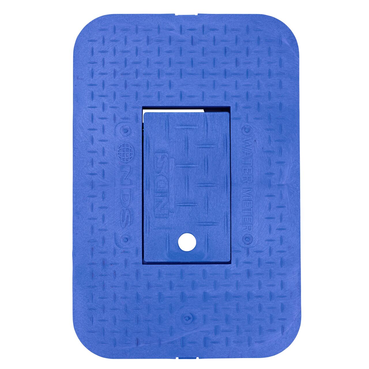 Top down view of the top side of the Blue Water Meter Drop-In cover (NDS D1200-DIBLRDL) with Plastic reader door) for the NDS 14 in. X 19 in. Rectangular Standard Series Meter Boxes