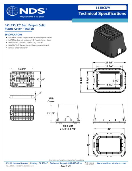 NDS 14 in. X 19 in. Rectangular Standard Series Meter Box and Drop-in Cover, 12 in. Height, Black Box, Black Water Cover Tech Spec
