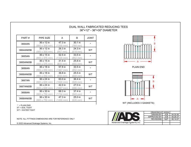 36" x 12" - 36" x 30" Fabricated Reducing Tees (HDPE Dual Wall Fabricated Tees Fittings)