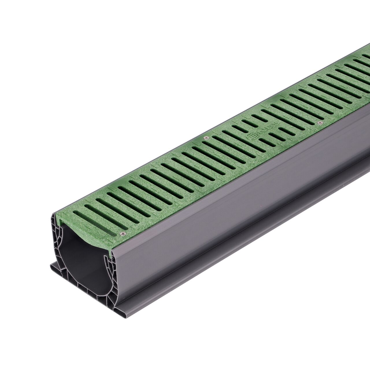 The NDS Spee-D® Channel Drain Grate in Green Plastic (NDS 242) installed on the NDS Spee-D® Channel Drain