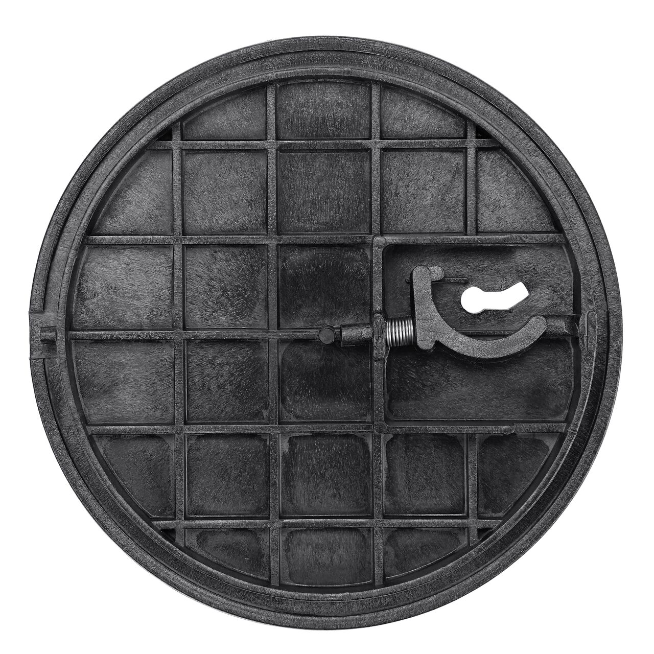 Top down view of the underside of the Black Water Meter cover (NDS D2400-LOCSWBL) for the NDS 16 in. Round Standard Series meter pit box showing reinforcing ribs that help support pedestrian and lawn care equipment