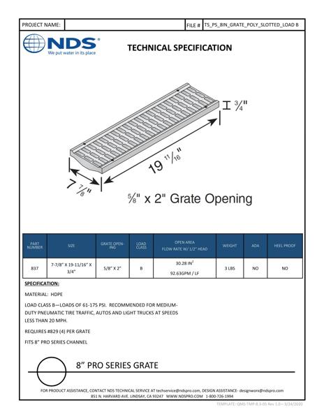 NDS 8 in. Pro Series™ Channel Drain Grate Light Traffic Plastic Tech Spec