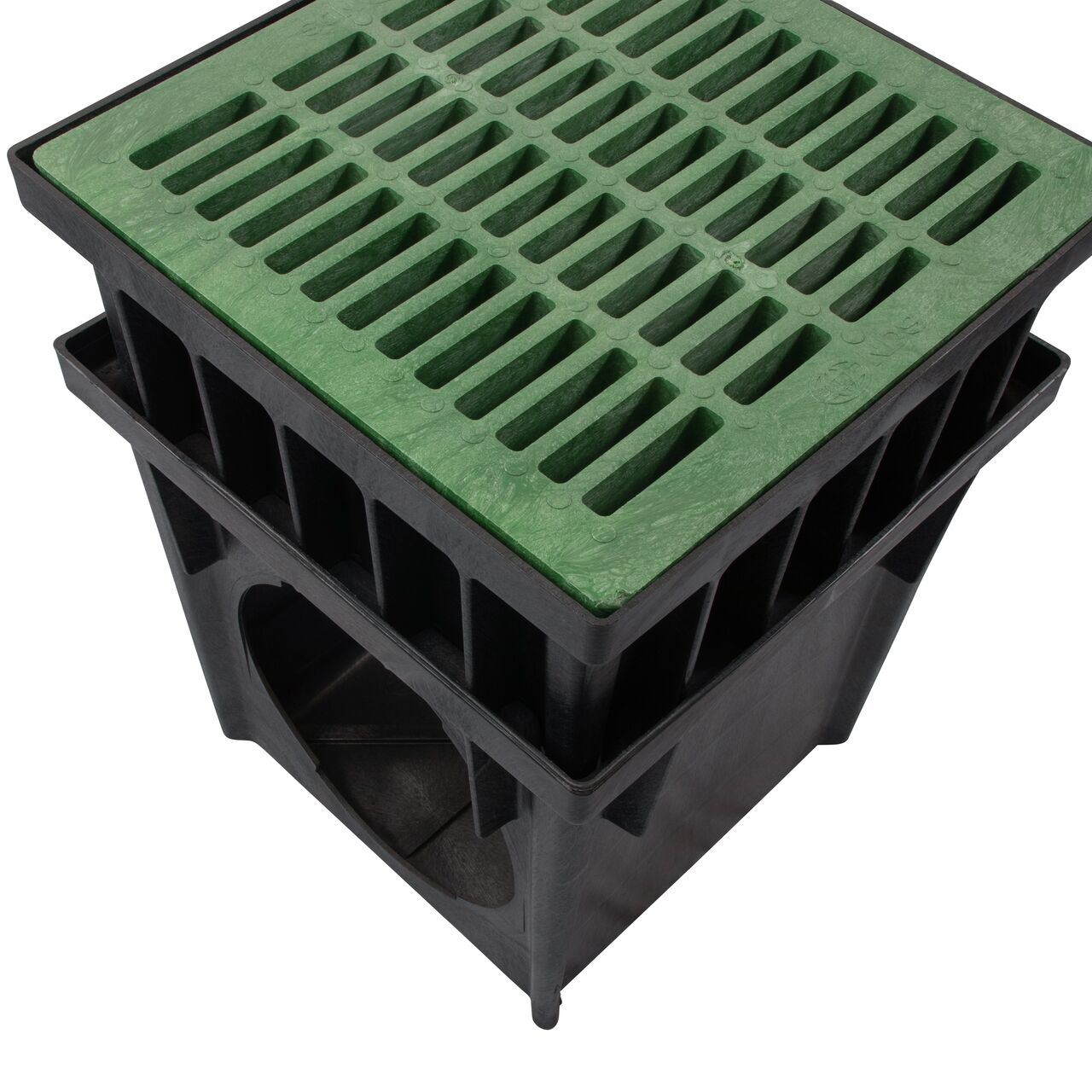 Top down view of the 8 in. Riser for the 24 in. Square Catch Basin Drain with a 24 in. green grate (NDS 2412) installed on a 24 in. catch basin drain (NDS 2400)