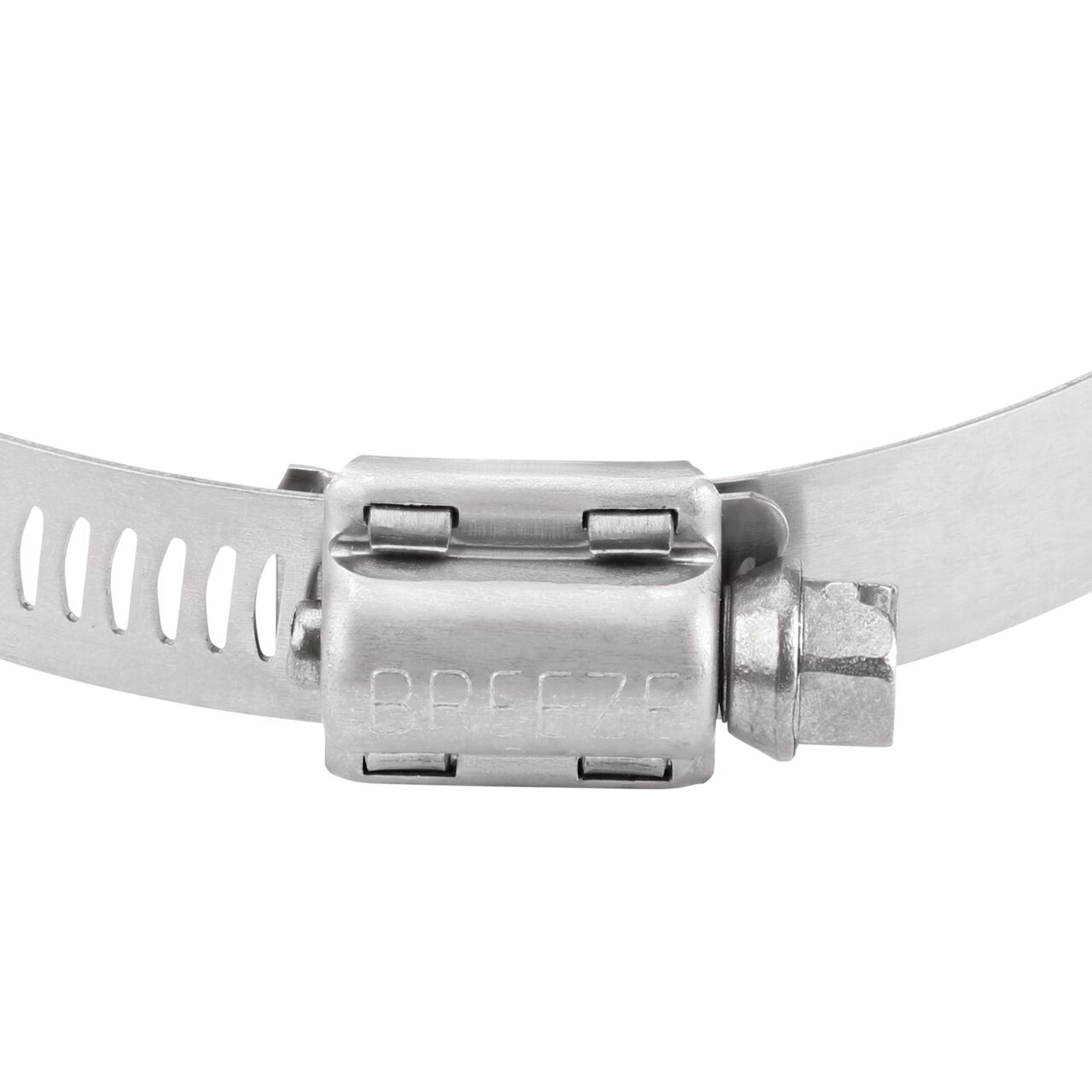 Closeup view of the two-piece clamp housing made of Series 300 Stainless Steel on the NDS SAE 52 Worm Drive Hose Clamp with Aero Seal 1/2 in. band width (NDS 64052H)