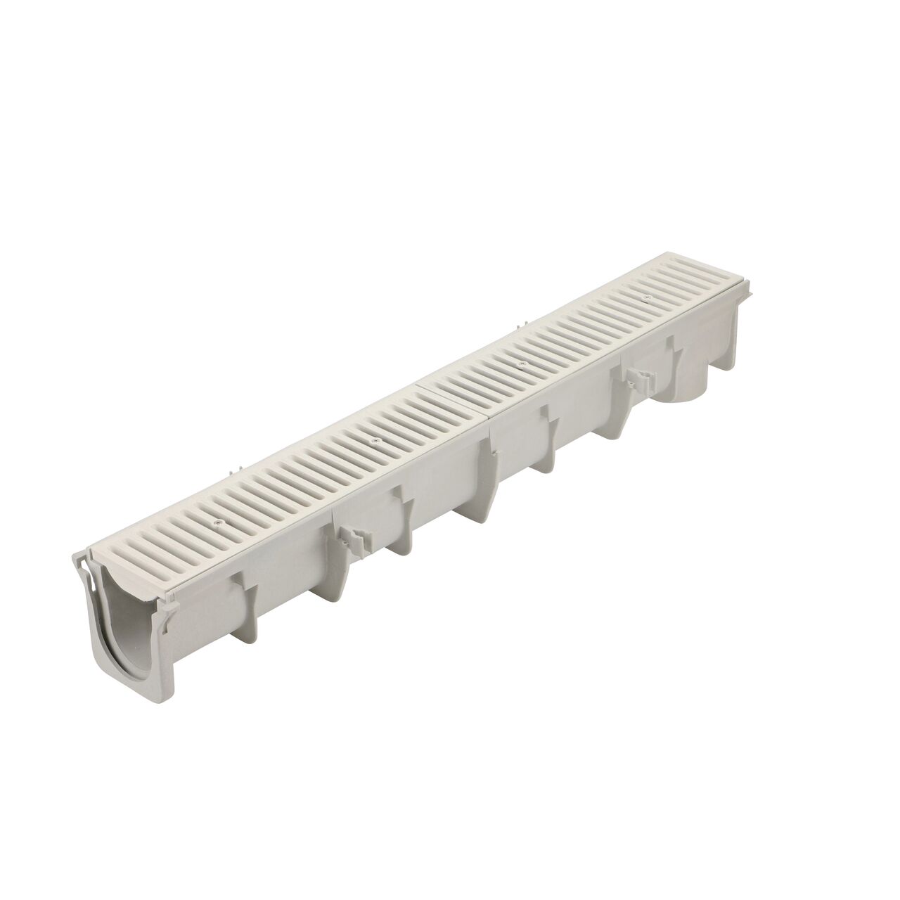 The NDS 5.34 to 5.68 in. Deep Dura Slope Channel (NDS DS-095) with the Standard Duraslope Light Gray Grate installed (NDS 661LG)