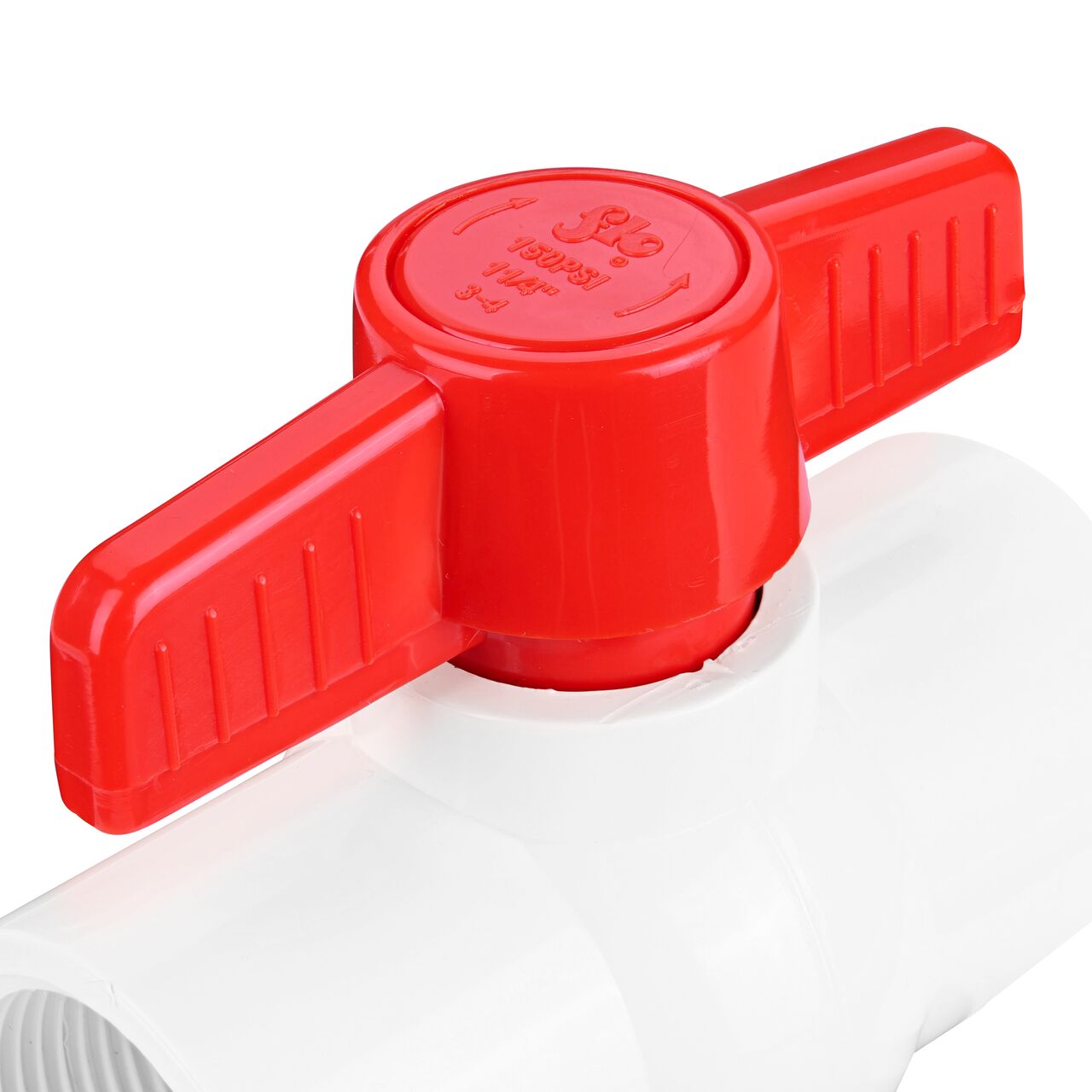 Closeup of the NDS IPS Ball Valve showing the handle that rotates two ways to control water flow (NDS E1320-12)