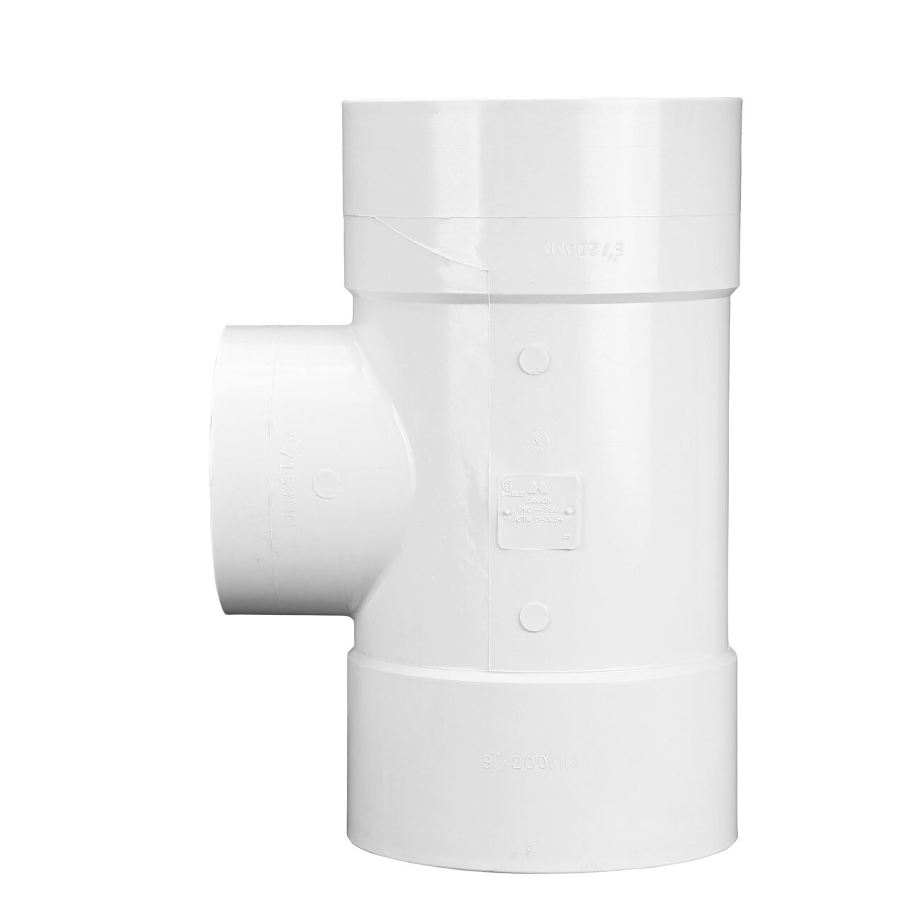Side View of the PVC tee for Sewer and Drain pipes; 8 in. Hub X Hub X 6 in. Hub connection (NDS 86P01)