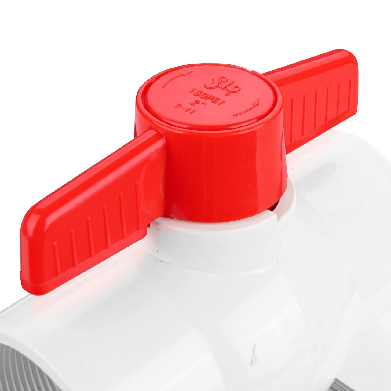 Closeup of the NDS IPS Ball Valve showing the handle that rotates two ways to control water flow (NDS E1320-20)