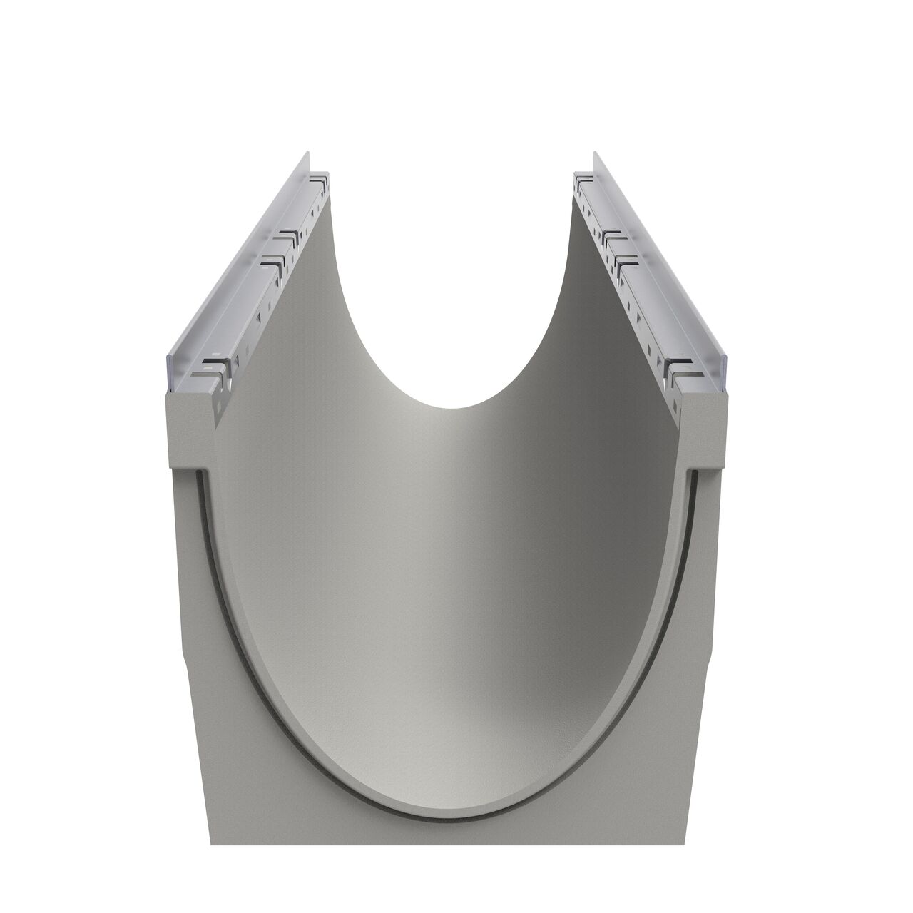 The smooth interior channel reduces turbulence and enables a self-cleaning effect on the BG-FILCOTEN® by NDS® pro V 300 Trench Channel Drain with Galvanized Steel Rails shown from the female interlocking end