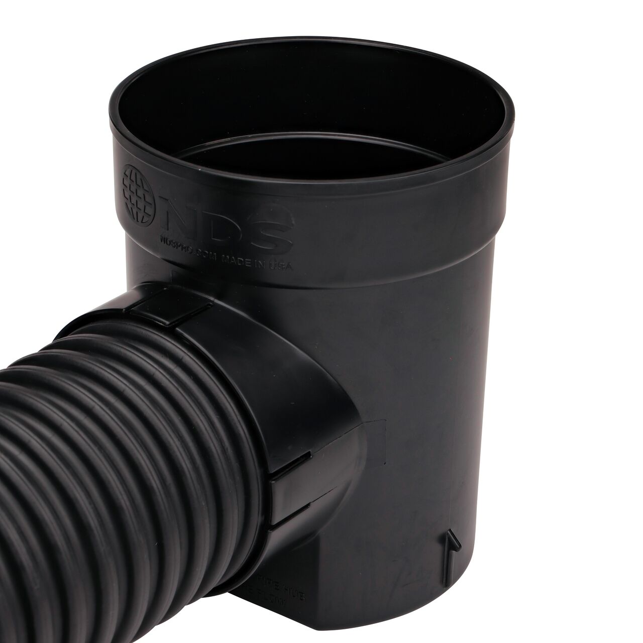 The outlet on the NDS 6 in. Round Spee-D® Catch Basin Drain (NDS 101) connects to 4 in. corrugated pipe.