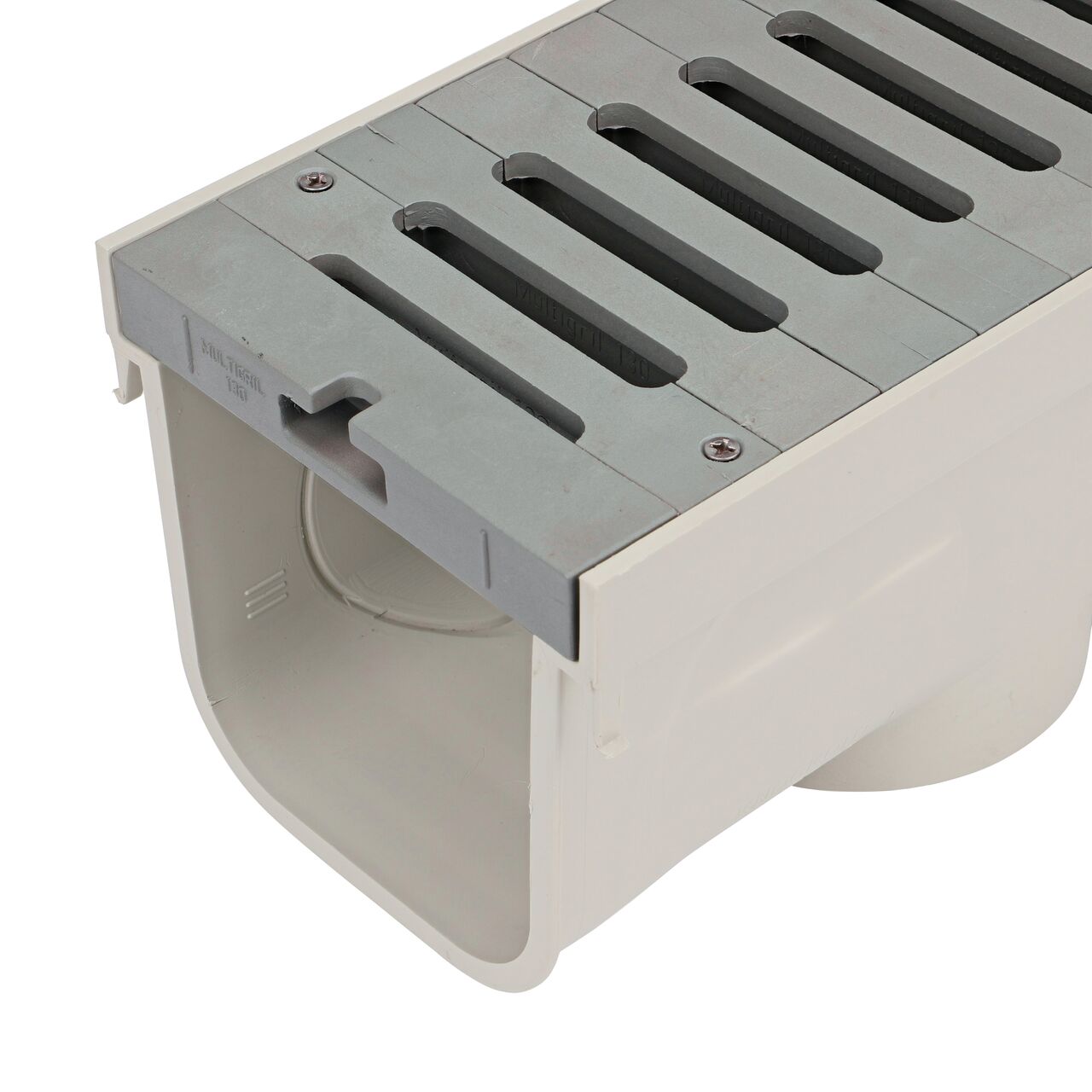 Closeup view of the Gray Nylon 5 in. Pro Series Channel Drain Grate, Load Star (NDS 828) installed on the 5 in. Pro Series Channel Drain (NDS 800)