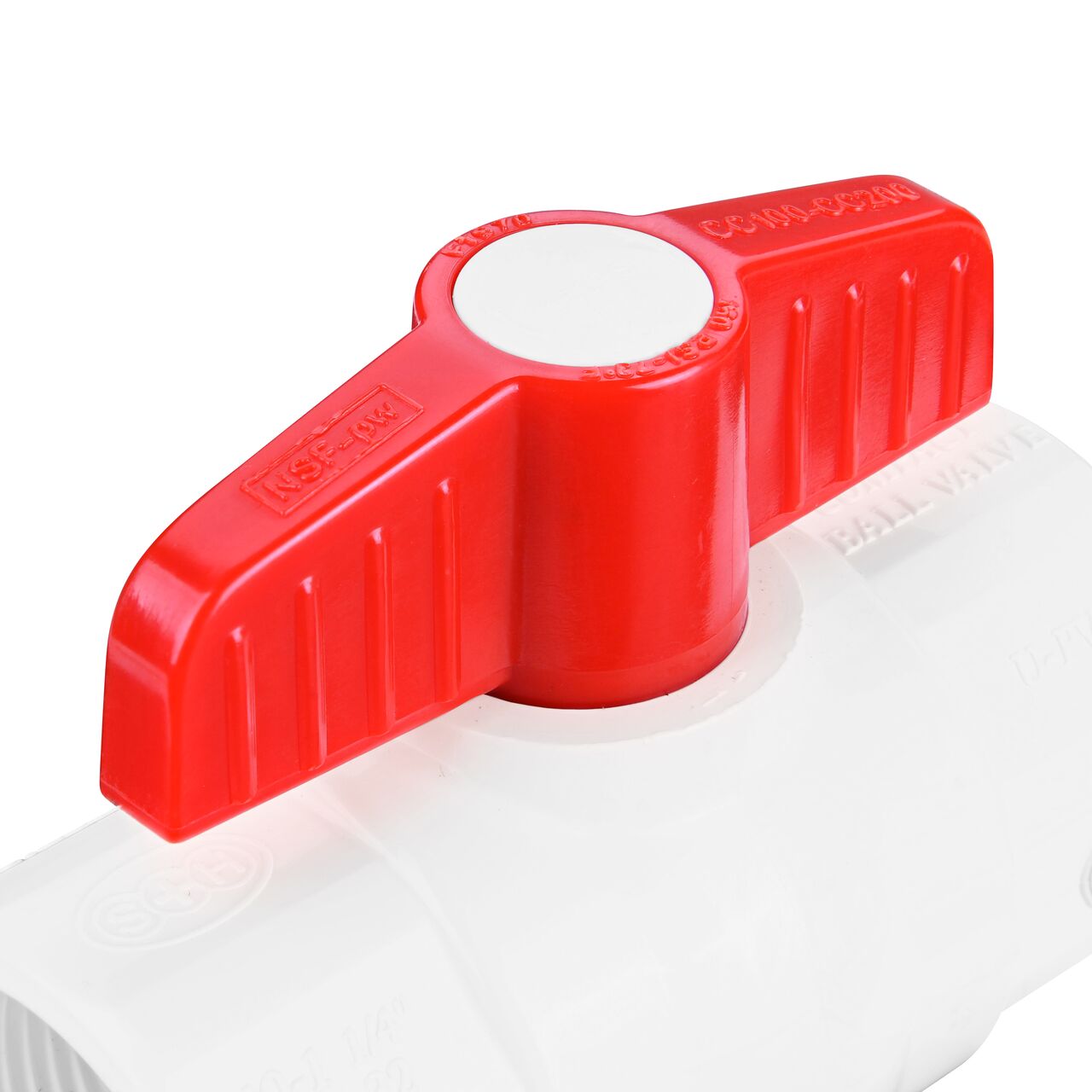 Closeup of the NDS IPS Ball Valve showing the handle that rotates two ways to control water flow (NDS E1420-12)