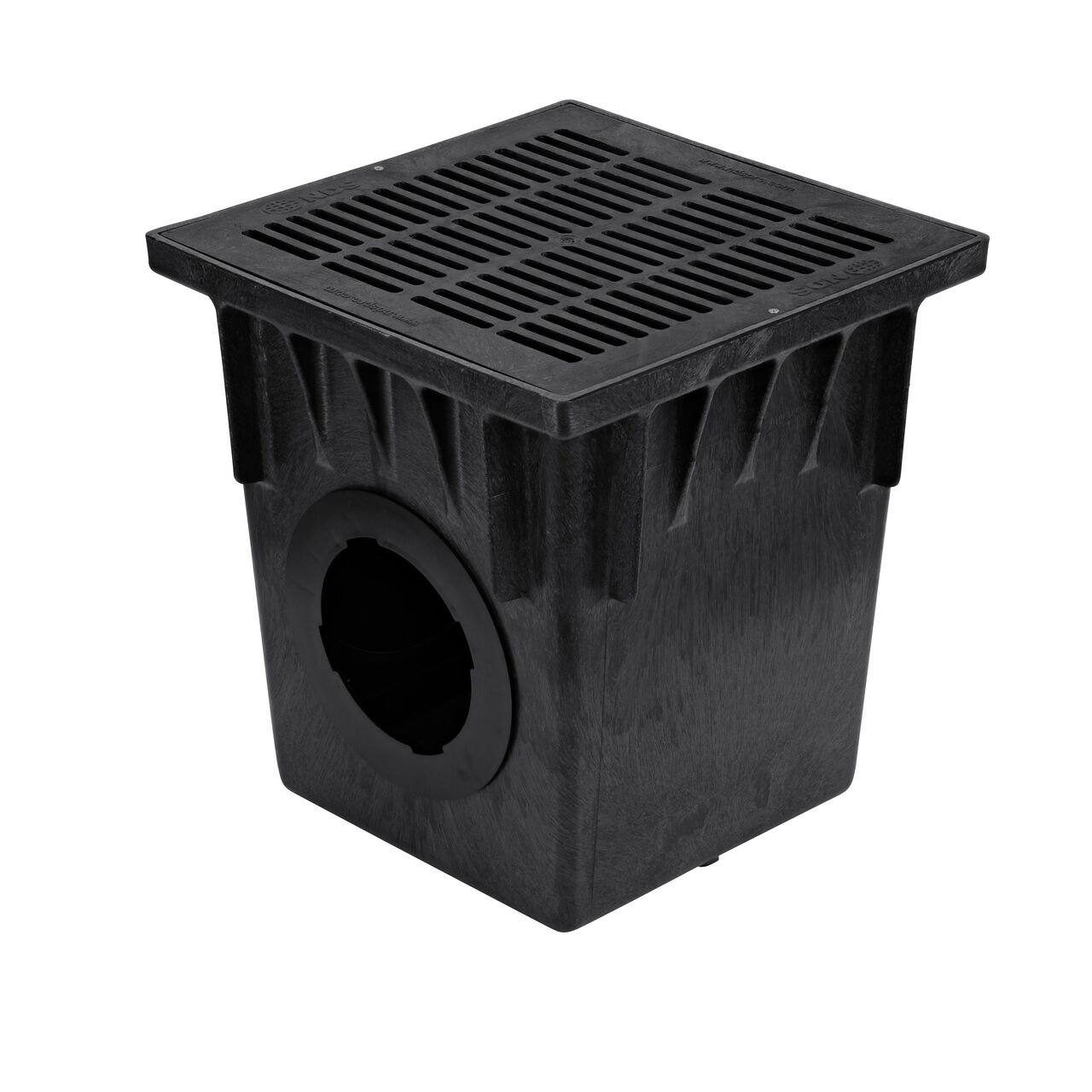 Alternate shot of 18 in. NDS Square Catch Basin Drain Grate, Black Plastic (NDS 1811) sitting on a NDS 18 in. Square Catch Basin (NDS 1882)