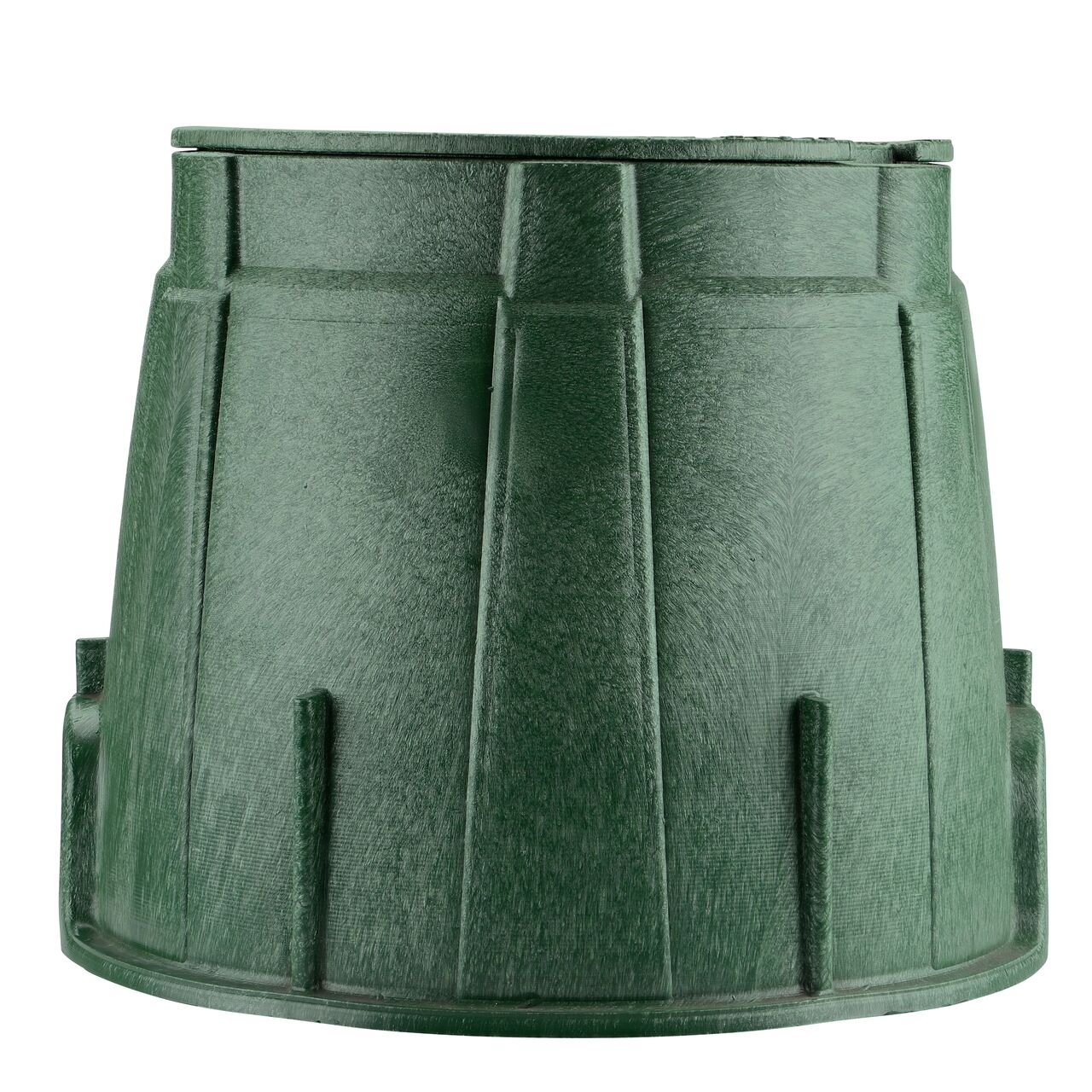 Side view of the non pipe hole side of the NDS 10 in. Round Pro-Spec® Series Valve Box & Water Cover (NDS 312BCW) which is engineered for superior strength with structural reinforcing ribs