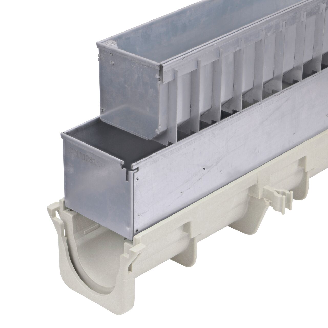 Closeup view of both parts separated on the NDS Dura Slope Channel Drain Slot Top Maintenance Unit (DS-SS-STMAINT) installed on a Dura Slope Channel Drain (NDS DS-091)