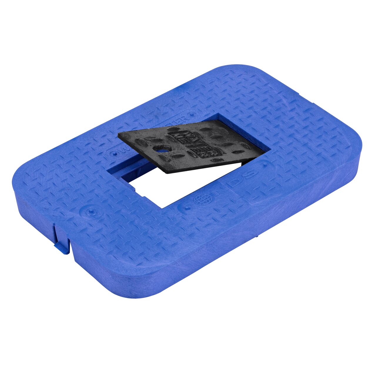 The Cast Iron reader door lifts up for easy access on the NDS 14 in. X 19 in. Blue Water Meter Drop-In cover (NDS D1200-DICIRBLUL) that fits the NDS 14 in. X 19 in. Standard Series Meter Box