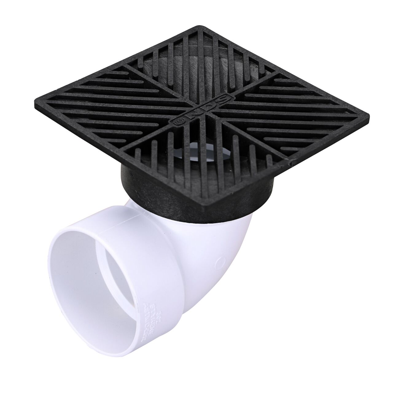 NDS 6 in. Square Grate installed on 3 in. Sewer and Drain Fitting, or Elbow (NDS 4*, NDS 4)