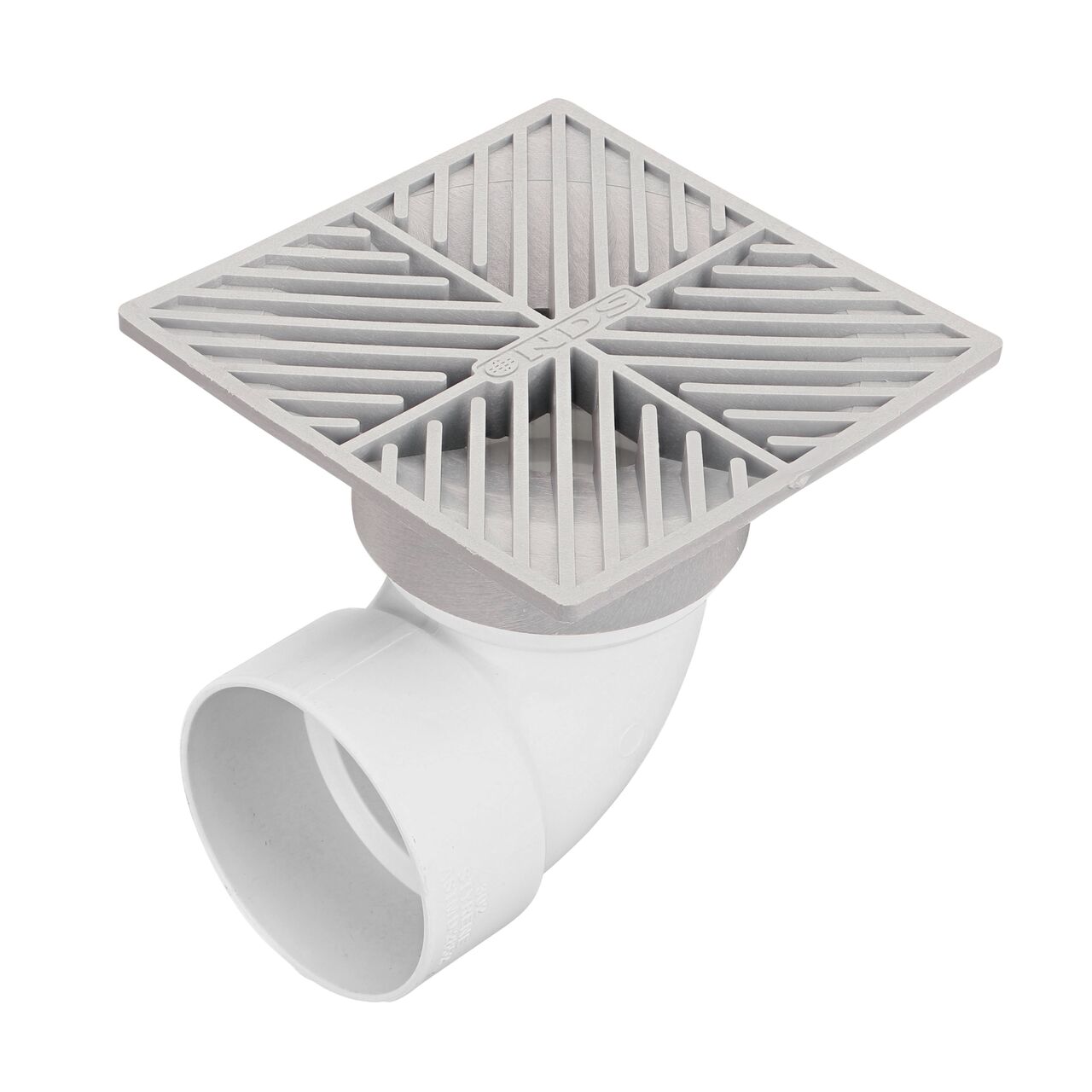 NDS gray plastic 6 in. Square Grate Fits 3 & 4 in. Draing Pipes and Fittings installed on 3 in. S&D Elbow (NDS 6)