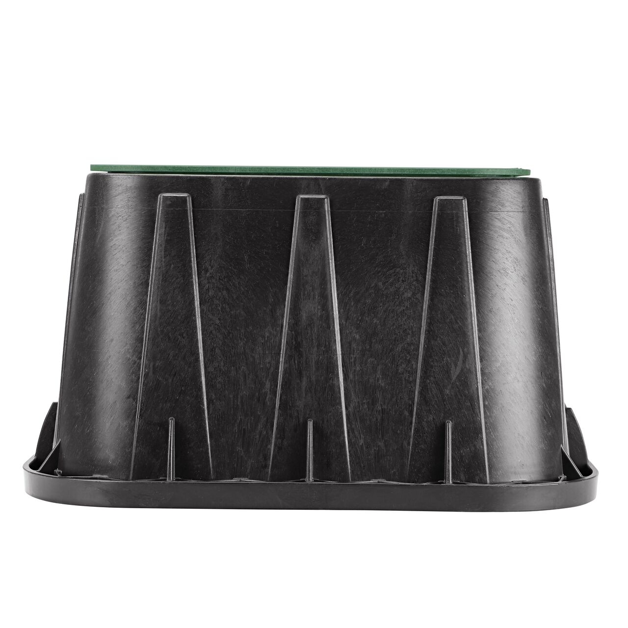 Side view of the longer length side of the NDS 14 in. X 19 in. Rectangular Pro-Spec® Series Valve Box & Irrigation Control Valve Cover (NDS 313BCB) which is engineered for superior strength with structural reinforcing ribs