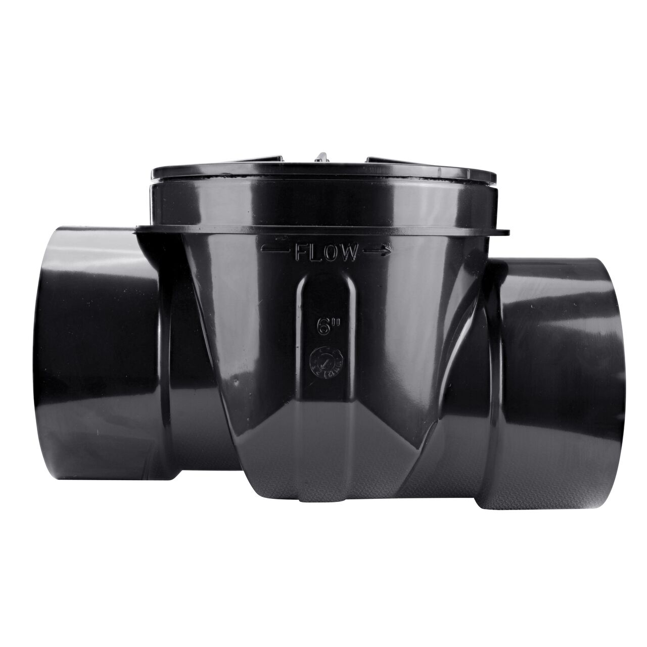 Side view of the NDS Black 6 in. ABS Backwater Valve (NDS 675) shows the water flow direction with arrow