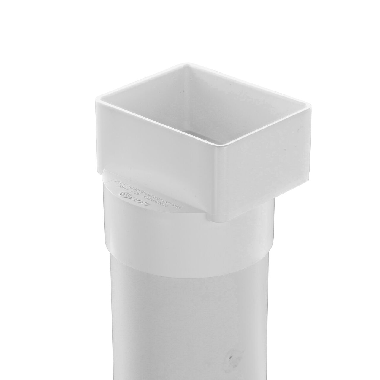 The NDS offset downspout adapter (NDS 9P13) installed on 4 in. S&D pipe ready for a 3X4 downspout.