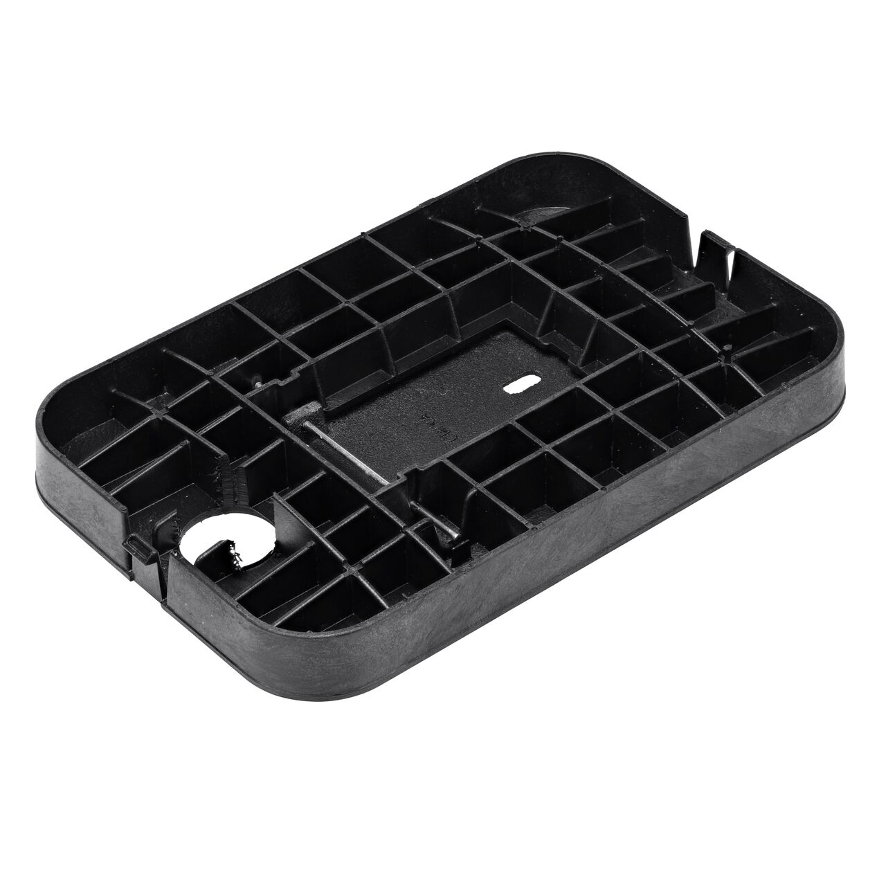 Bottom view of the reinforced ribs and cast iron reader door on the NDS 14 in. X 19 in. Black Water Meter Drop-In cover (NDS D1200-DICIRTRL) that fits the NDS 14 X 19 in. Standard Series Meter Box