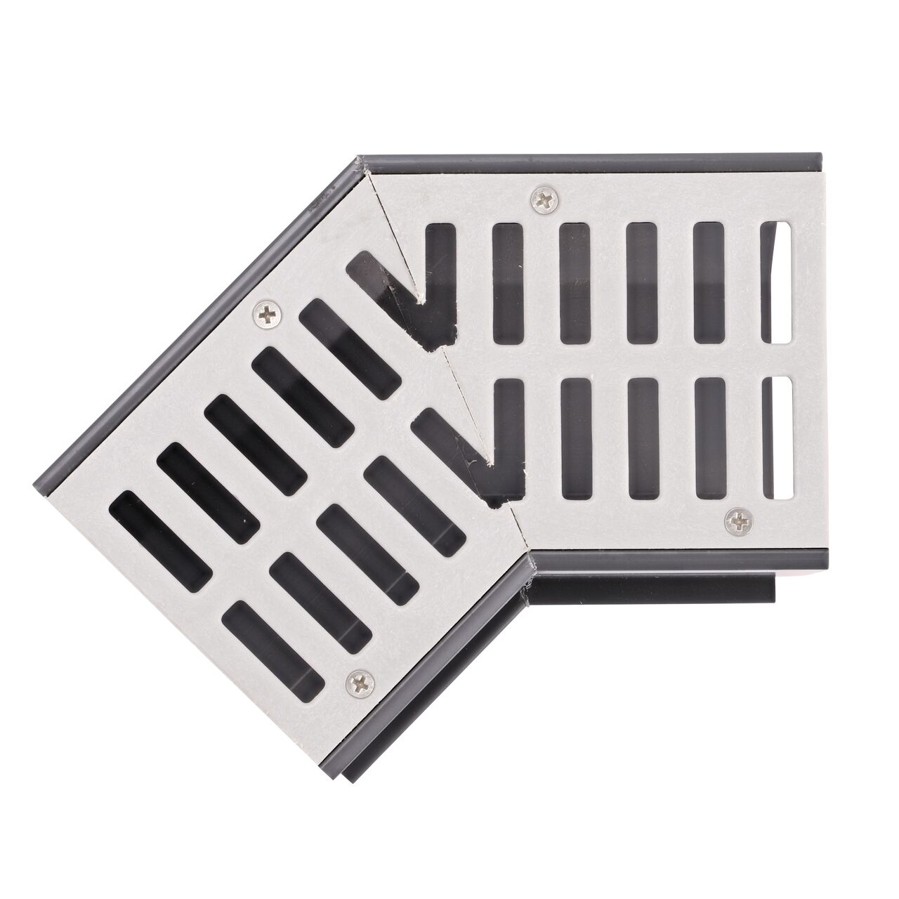 Top down view showing the grate design on the NDS Gray Mini Channel™ Drain 45 Degree Elbow and Grate (NDS 5300)