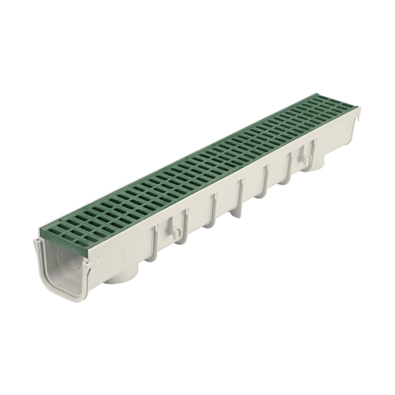 Two NDS 5 in. Pro Series Channel Drain Grates made of Green Plastic fit on one 5 in. Pro Series Channel Drain (NDS 800, NDS 815)