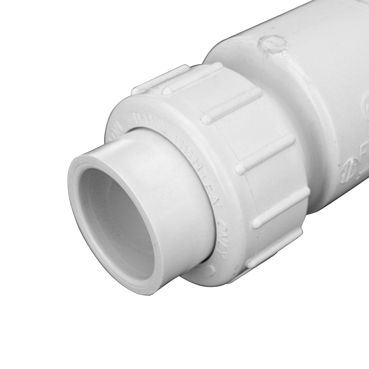 Closeup of the outlet end of the NDS White 2 in. union end by union end PVC True Union Swing Check Valve (NDS 1720-20) which prevents backflow in pipelines