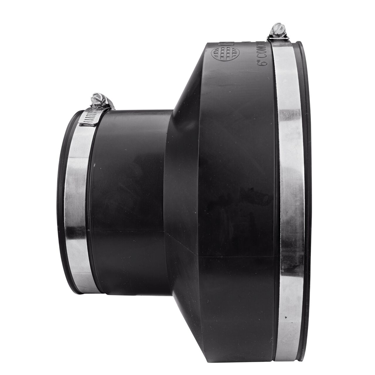 The NDS flex coupling for 6 in. concrete pipe to 4 in. cast iron or plastic pipe, in horizontal position, is made with material that flexes with normal earth movement (NDS 06-64)