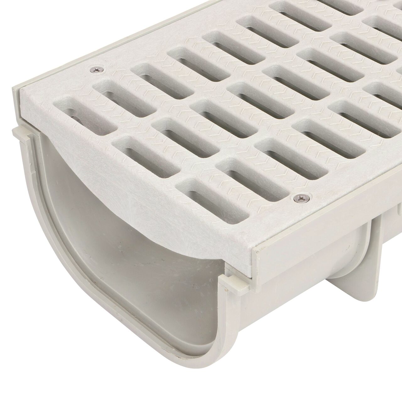 The 8 in. Pro Series Channel, Shallow Profile (NDS 830) has a grate seat for the 8 in. Pro Series Light Gray Channel Drain Grate (NDS 837)