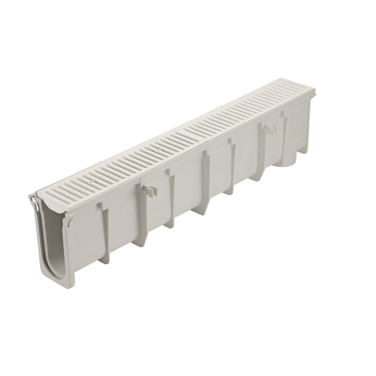 The NDS 9.70 in. to 10.05 in. Deep Dura Slope Channel Drain (NDS DS-108) with two Standard Dura Slope Light Gray Grates installed (NDS 661LG)