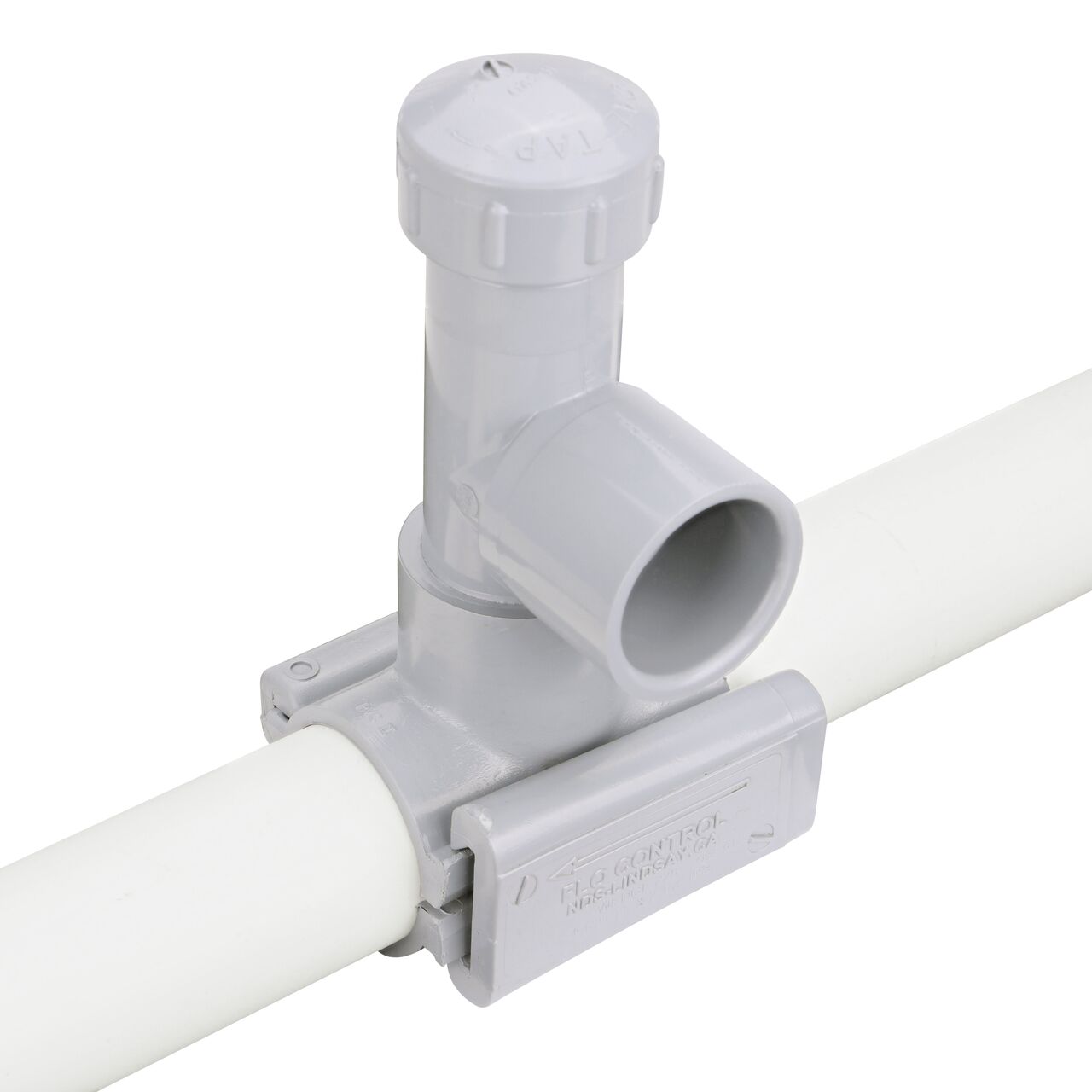 Tap wedge on the 2 in. NDS Flo-Tap™ Rigid PVC saddle with 1-1/2 in. socket or 2 in. spigot into place to securely lock onto pipe (NDS 3220)