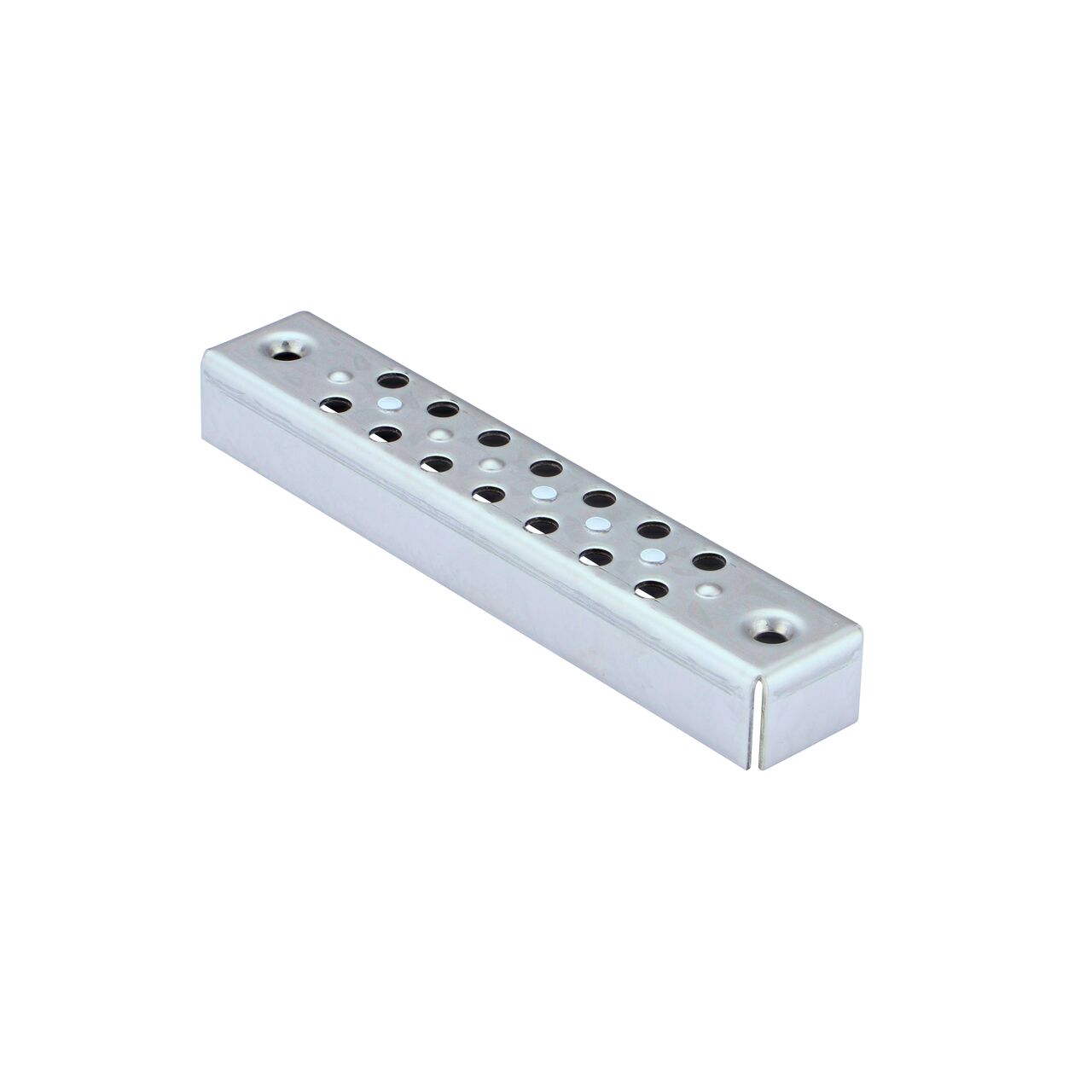 The Stainless Steel Perforated Design Dura Slope™ Channel Drain EZ-Track™ Radius Coupling Grate (NDS DS-226MG) fits on any Dura Slope Channel Drain EZ-Track Radius Coupling