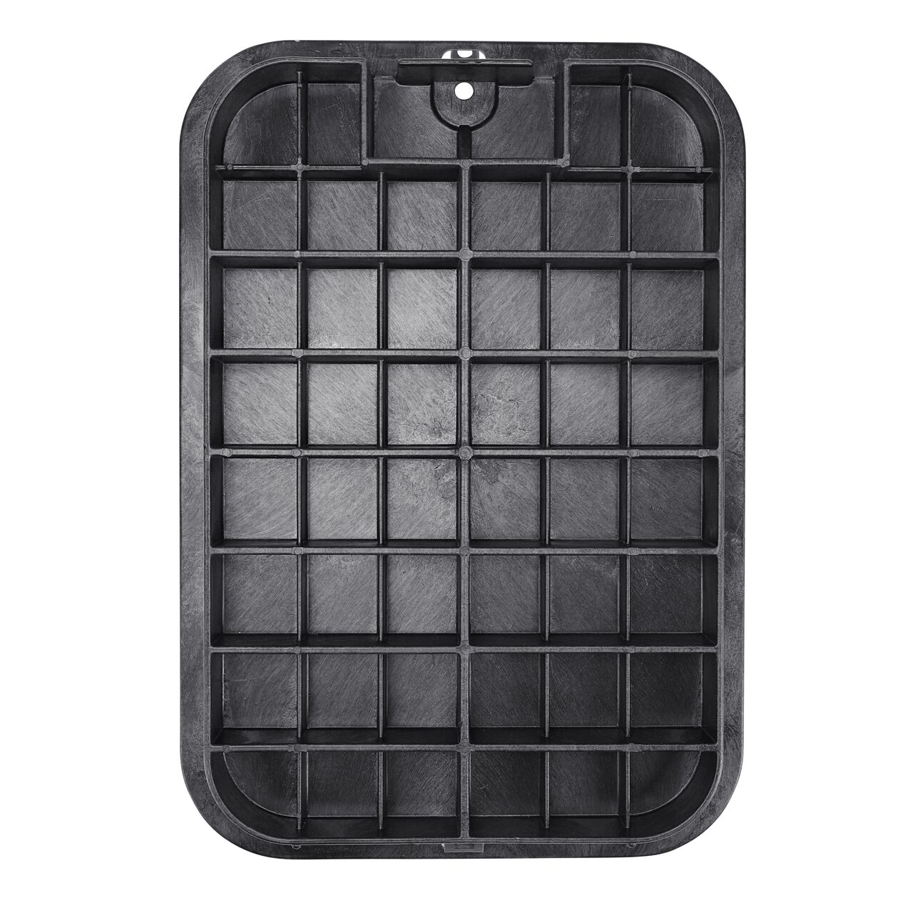 Top down view of the underside of the Black water cover (NDS 117CW) for the NDS 13 X 20 in. Rectangular Standard Series Jumbo valve box showing reinforcing ribs that help support pedestrian and lawn care equipment