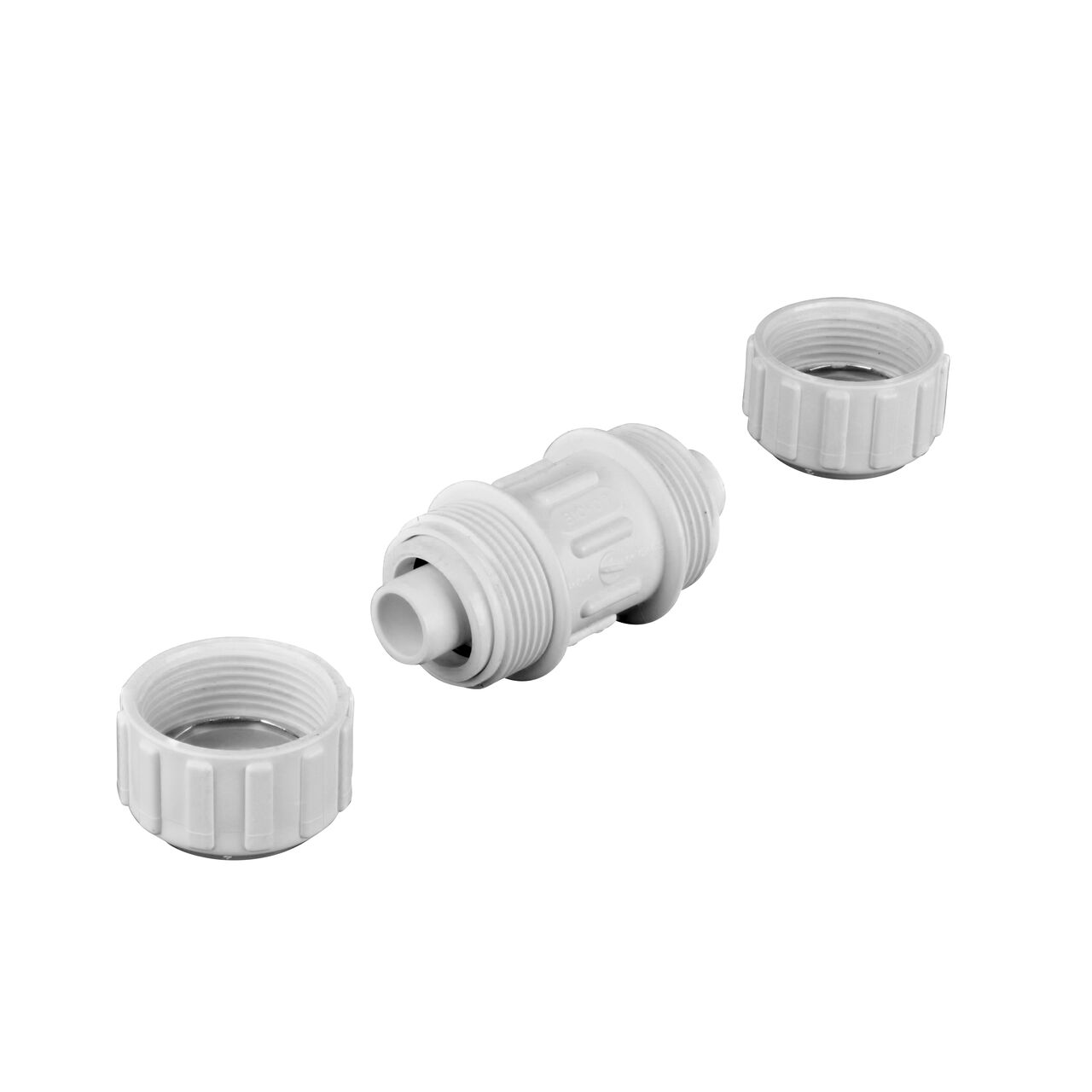 Unassembled NDS 3/4 in. SIDIR-7 Flo-Lock™ Gripper Coupling for PE Pipe showing where the two ends come apart to secure the adapter to the pipe (NDS 810-07)