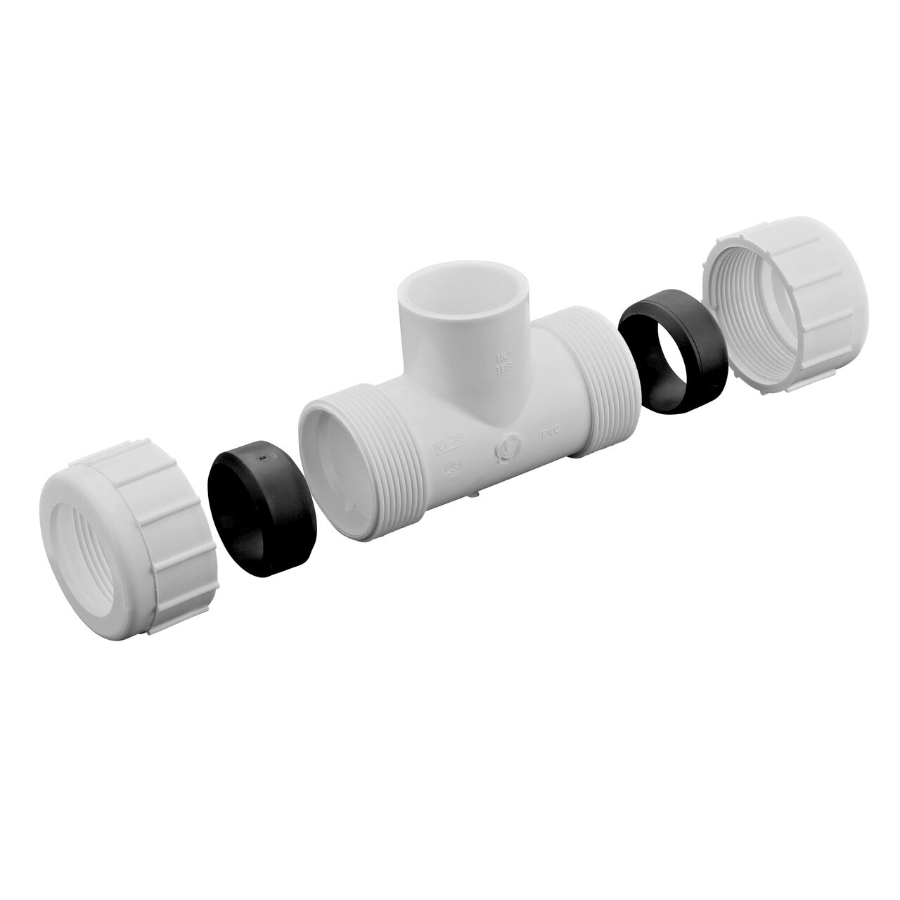 One unassembled end and one assembled end on the NDS 1-1/4 in. IPS UC X S Compression Tee showing the Santoprene gasket and adjustable nut that tightens and secures to pipes providing a leak-resistant connection (NDS-CPT-1250-S)
