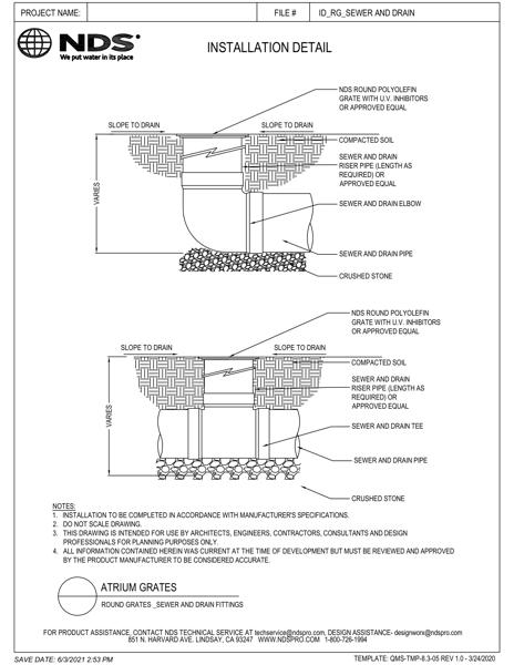 NDS Round Drainage Grates for S&D Fittings Installation Detail