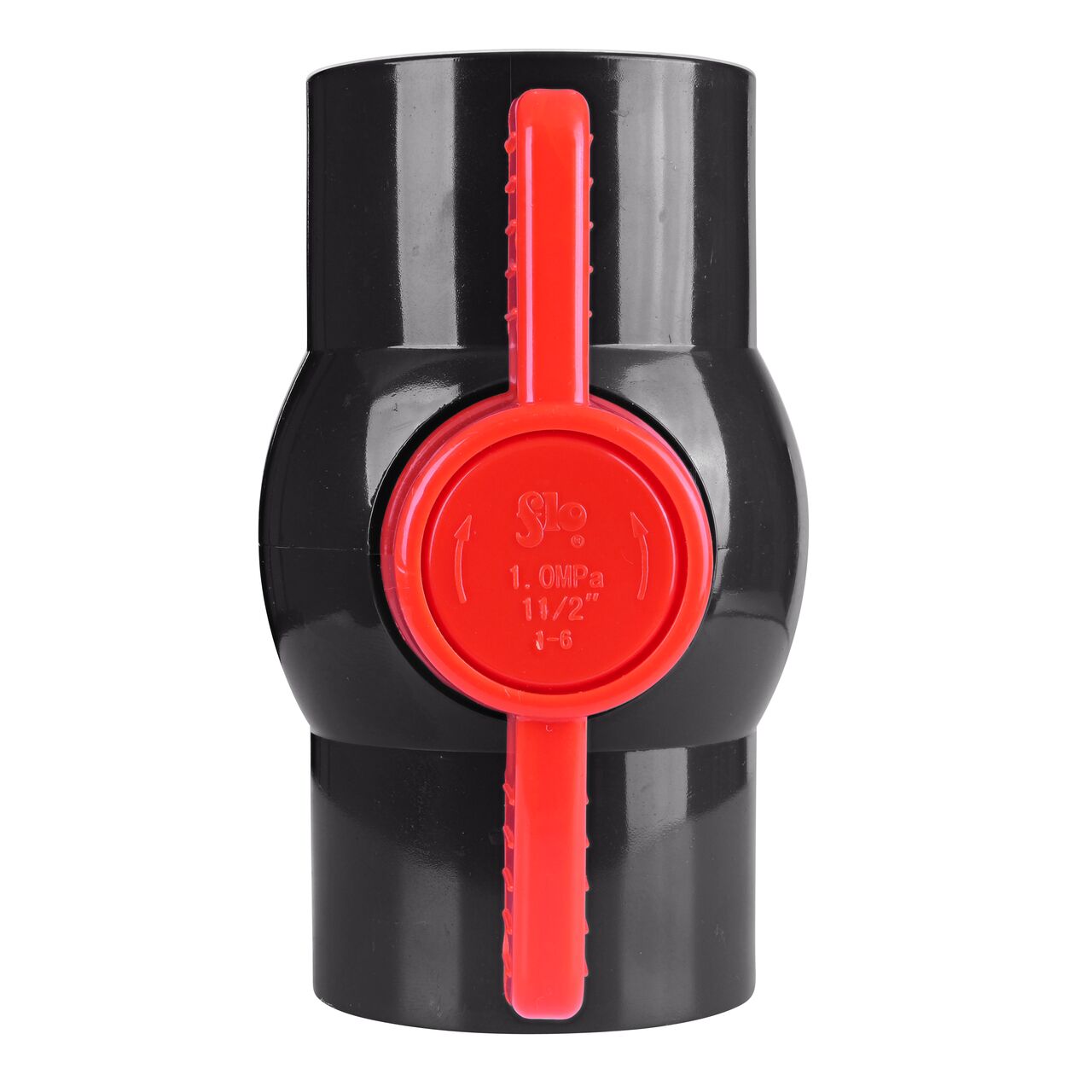 Closeup of the NDS IPS Ball Valve showing that the handle is made of durable PVC material perfect for irrigation or other pressurized system (NDS E1620-15)