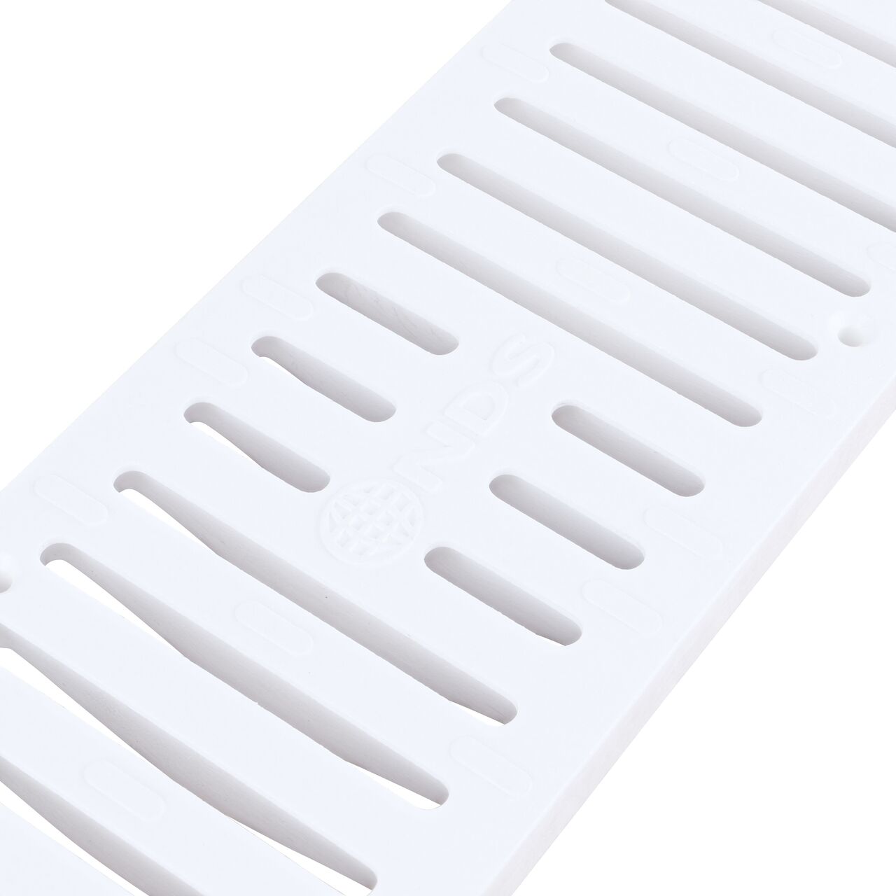Closeup Angled View of the NDS Spee-D® Channel Drain Grate in White Plastic (NDS 240)